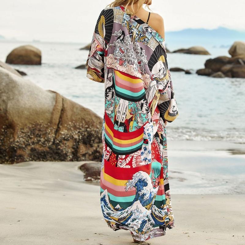 Women Japanese Print Long Kimono Cardigan Open Front Bikini Cover Up Beach Shirt