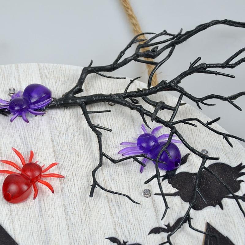 Halloween Spider Hanging Door Sign with LED Light Wooden Wall Plaque Porch Decor