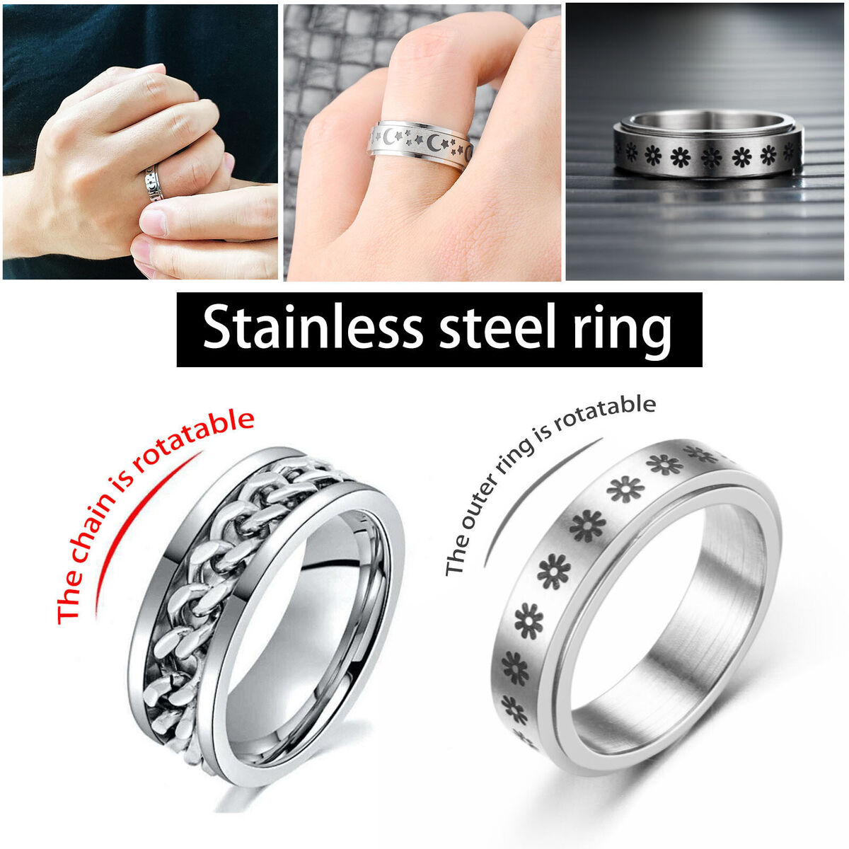Stainless Steel Anti Anxiety Rings 8pcs Stress Relief Band Ring (8)