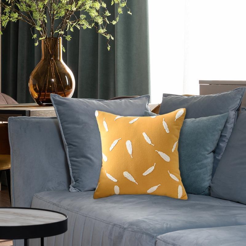 Nordic Yellow Cotton Linen Throw Pillow Case Tufted Embroidery White Feather Pat