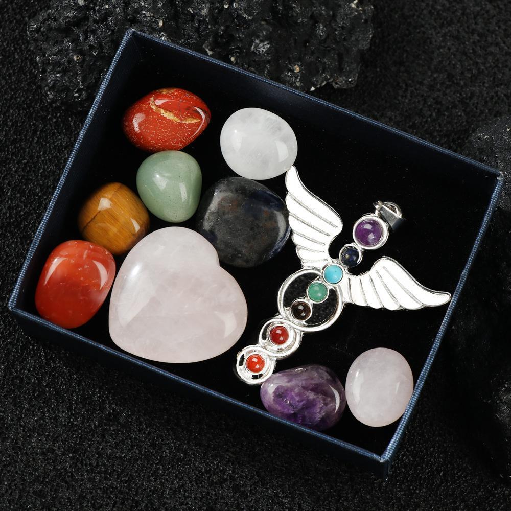 Energy Healing Stone Seven Chakra Stones Set Angel Necklace Heart Pink Crystal