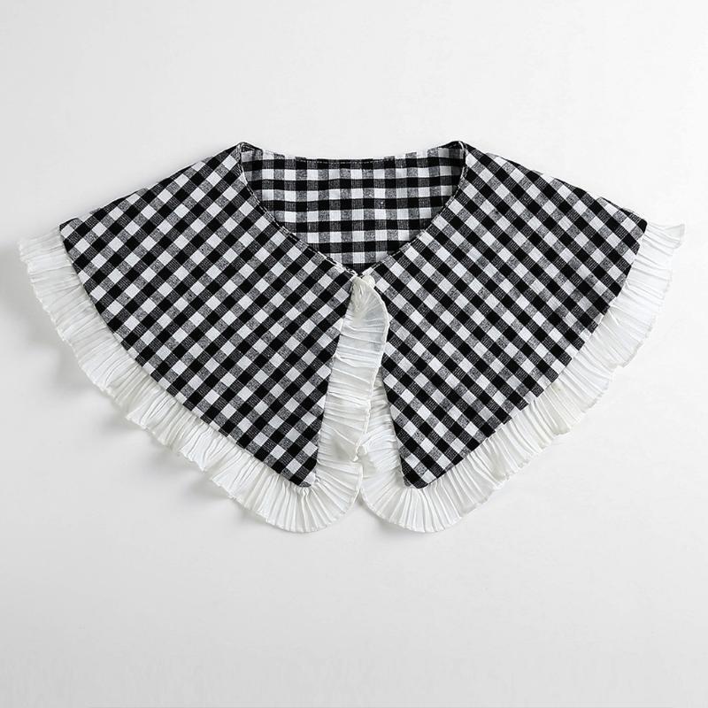 Women Black White Plaid False Collar Shawl Student Ruffles Necklace Mini Capelet