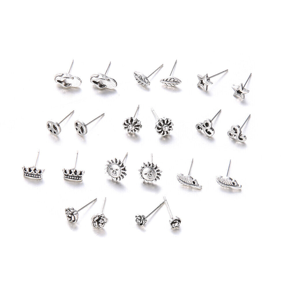 Women Peace Sign Ear Studs Earring Set Stars Flip-Flops Flowers Leaves Crown