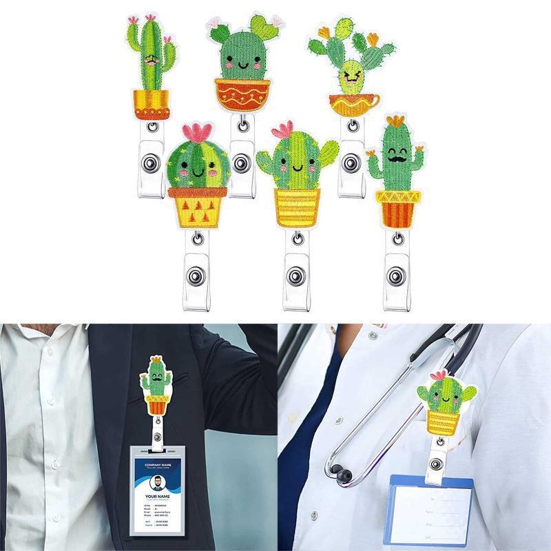 6Pcs ID Badge Holders Cactus Design Retractable Badge Holder ID Card Accessories