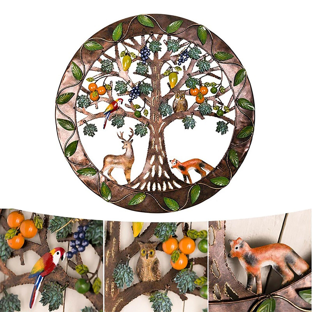 Iron Wall Sculptures-Metal Round Wall Decor with Tree Deer Fox Home Decor