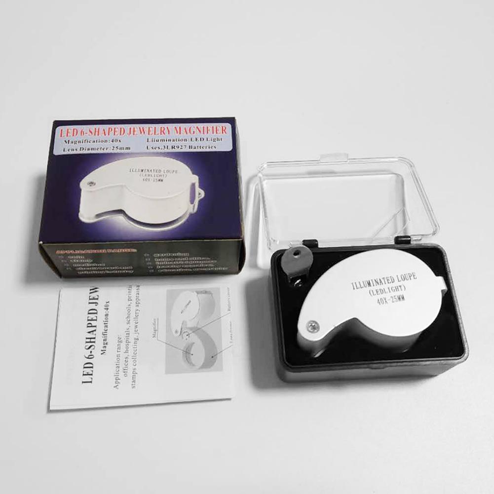 40x 25mm Handheld Folding Jewelry Optical Glass Loupe Magnifier w/LED Light