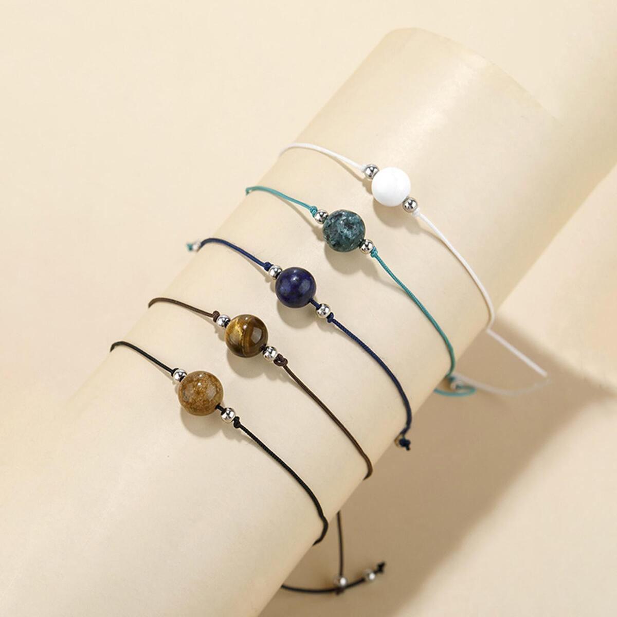5 Pieces Braided Bead Bracelet Adjustable Wrist Jewelry Bangles for