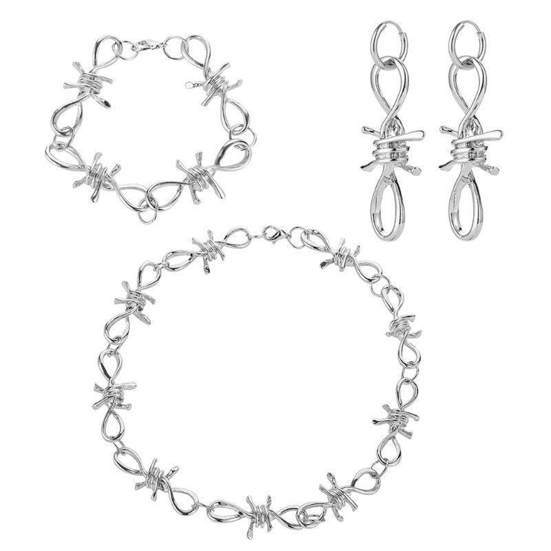 Barbed Wire Brambles Razor Blade Pendant Necklace Bracelet Earrings Jewelry Set