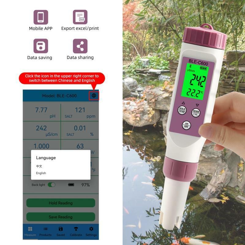 7 in 1 Temp ORP EC TDS Salinity S.G PH Meter Online BT Water Quality Tester
