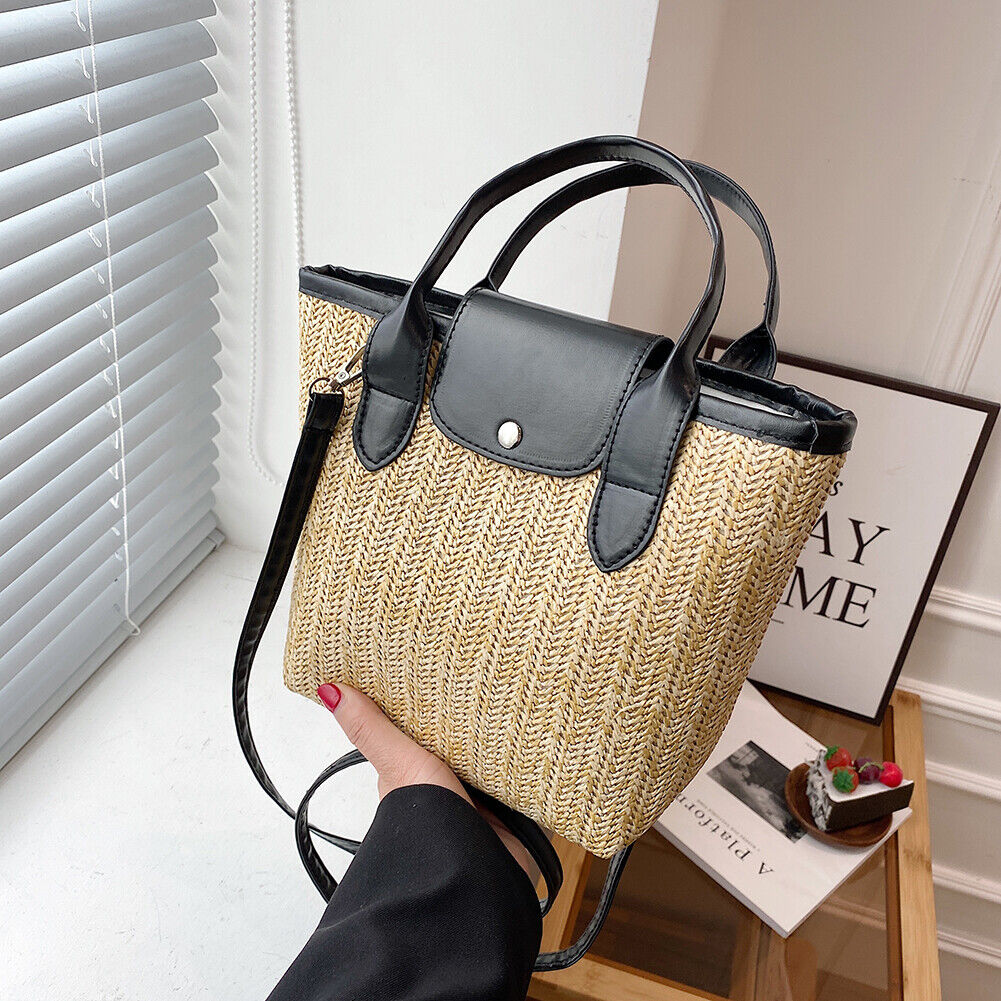 Straw Beach Bag Woven Shoulder Messenger Bag Women Handbag Totes (Black)