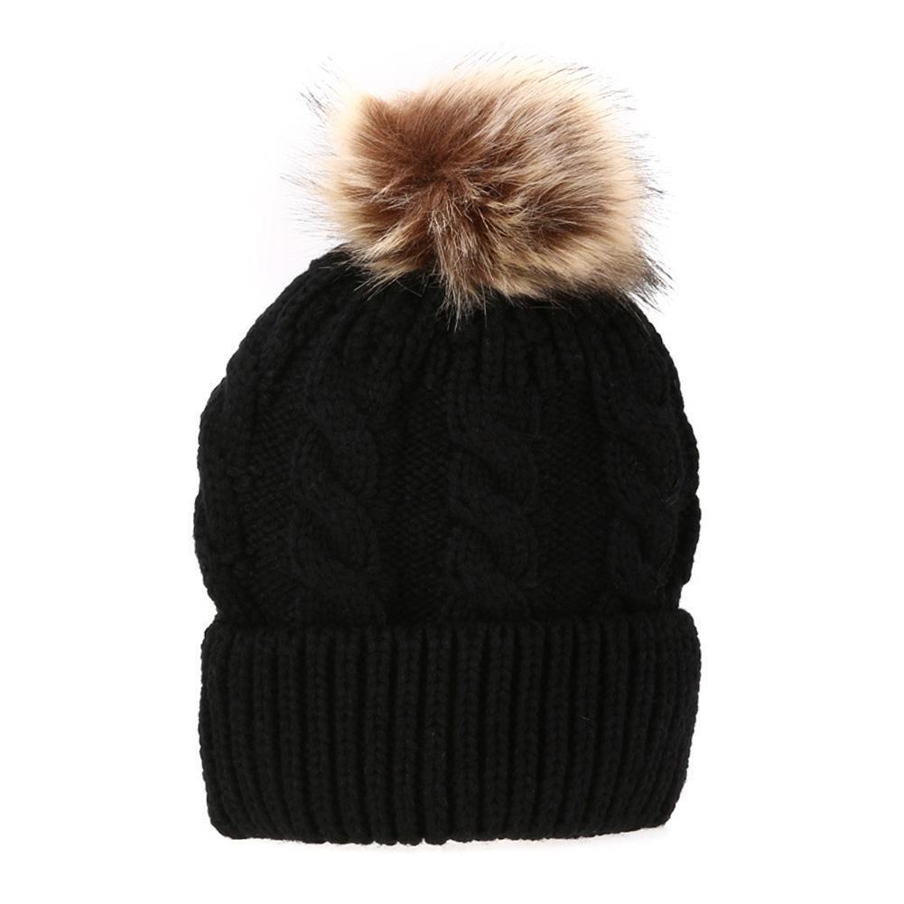 Mom Baby Kid Warm Raccoon Fur Bobble Beanie Cotton Knitted Parent-Child Hat
