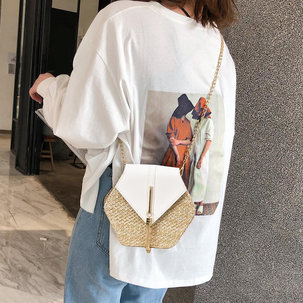 Hex-shape Straw+PU Shoulder Handbags Beach Women Top-handle Bags (White)