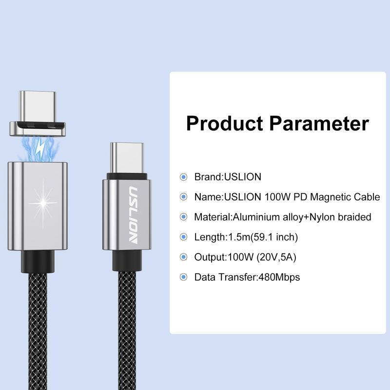 PD 100W USB C Magnetic Cable Fast Charging for Laptop Type C Data Charge Cable