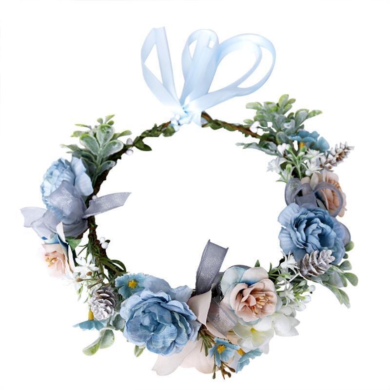 Bride Blue Flower Crown Hairband Wedding Floral Headband Garland Hair Accessory