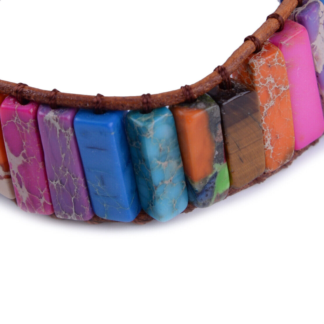 Gypsy Style Handmade Leather Wrap Colorful Natural Stone Tube Beads Bracelet ld