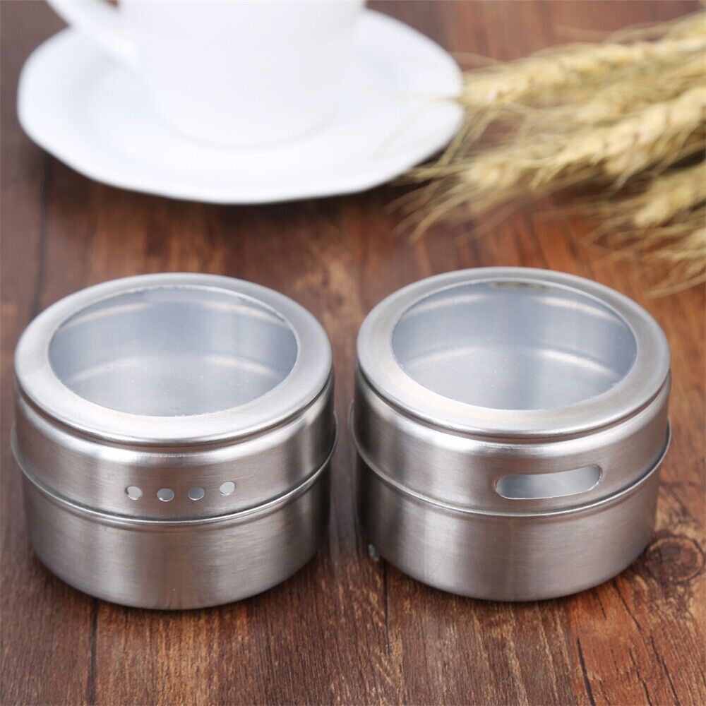 12Pcs/set Magnetic Spice Tins Stainless Storage Container Jars with Clear Lids