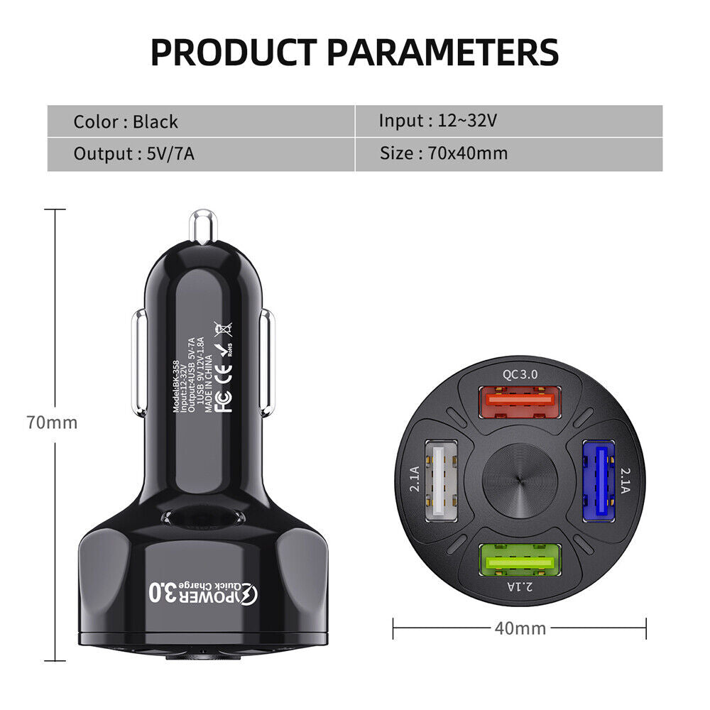 New QC 3.0 Adapter Smart Phone Car Charger Fast Charging 4-Port USB LED Display
