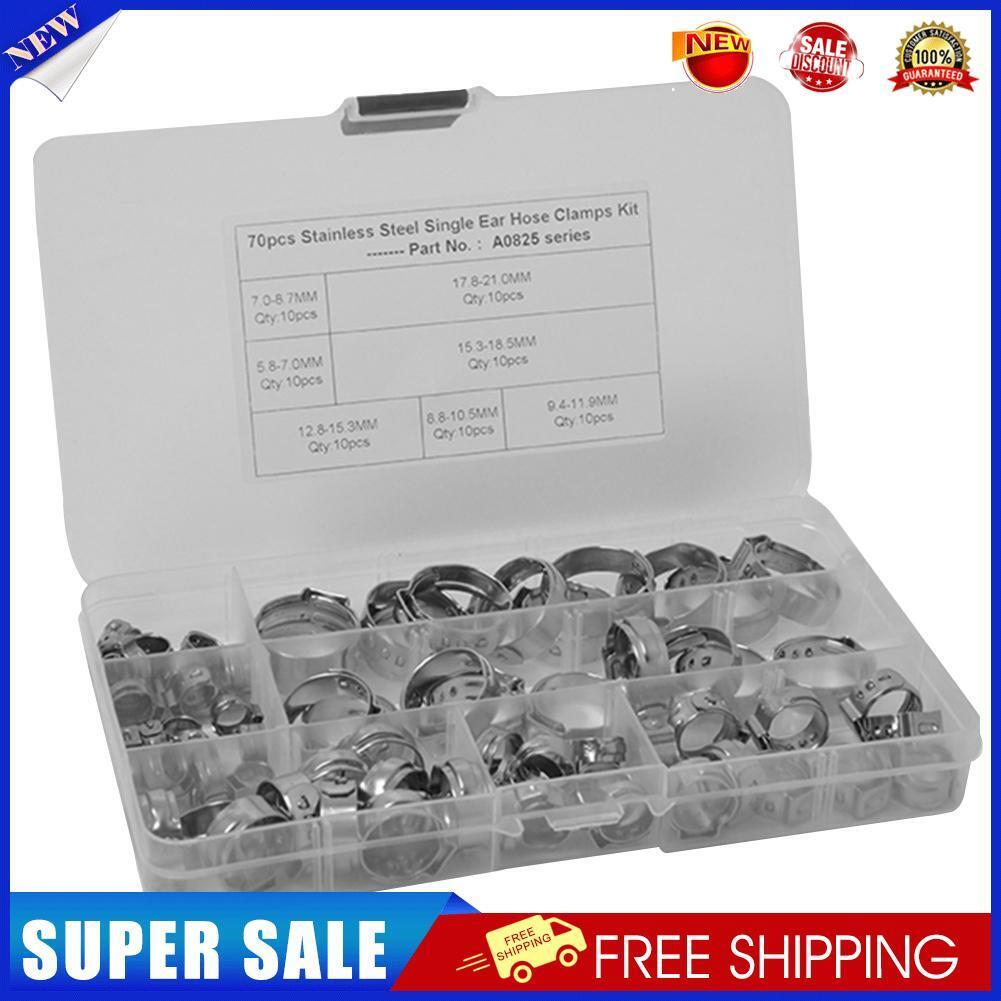 70pcs 7 Sizes Stainless Steel Single Ear Hose Clamps Fuel Air Pipe O Clips
