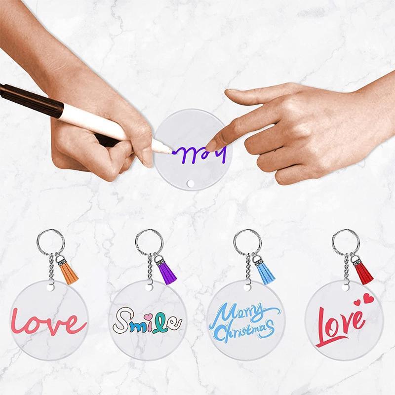 Acrylic Square Round Keychains Blank Colorful Tassels Metal Decoration Keyrings