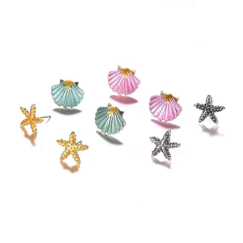 4 Pairs Assorted Boho Stud Earrings Colorful Sea Shell Starfish Beach Jewelry