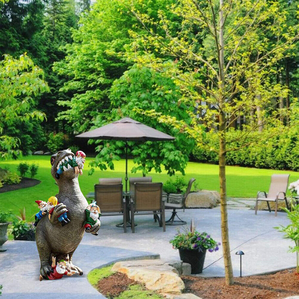 Dinosaur Eating Gnomes Garden Statue Outdoor Art Sculpture for Patio (S)