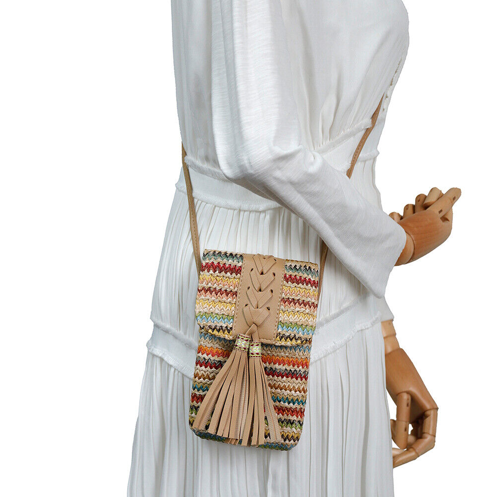 Women Straw Mobile Phone Bag Ethnic Woven Tassel Girl Satchel Crossbody Bag