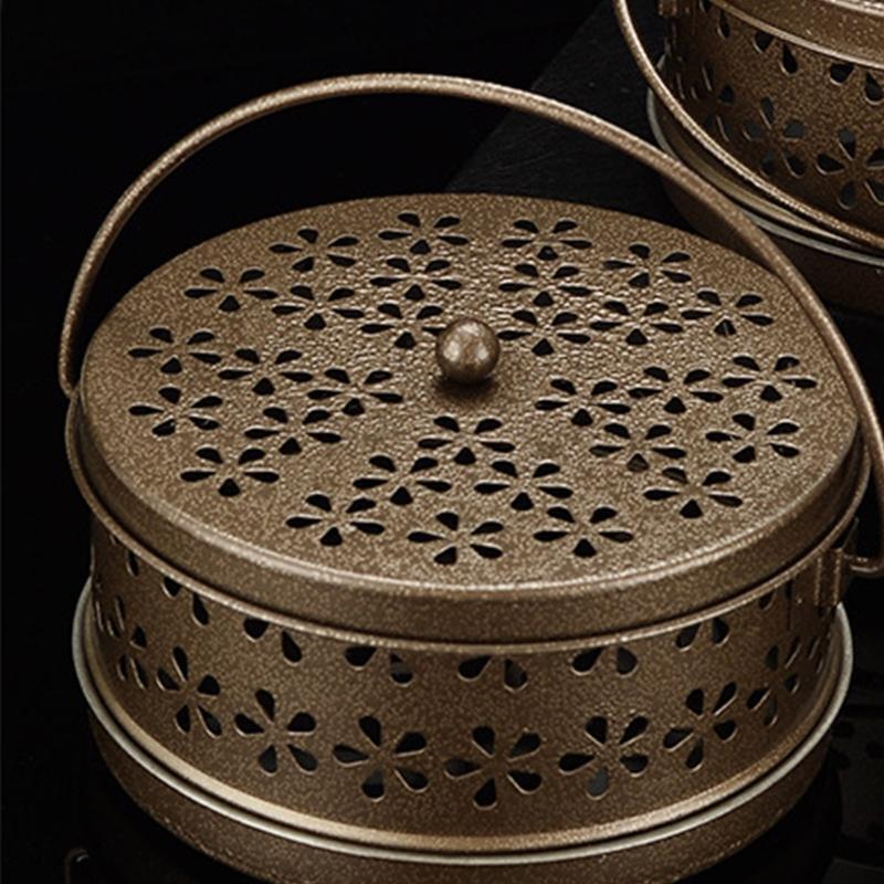Round Iron Mosquito Incense Burner with Handle for Home (Yellow Bronze)
