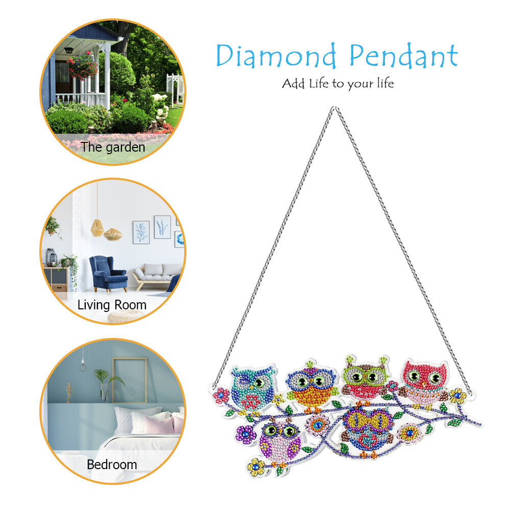 DIY Applique Diamond Wall Hanging Acrylic Door Window Pendant (6 Cute Owls)