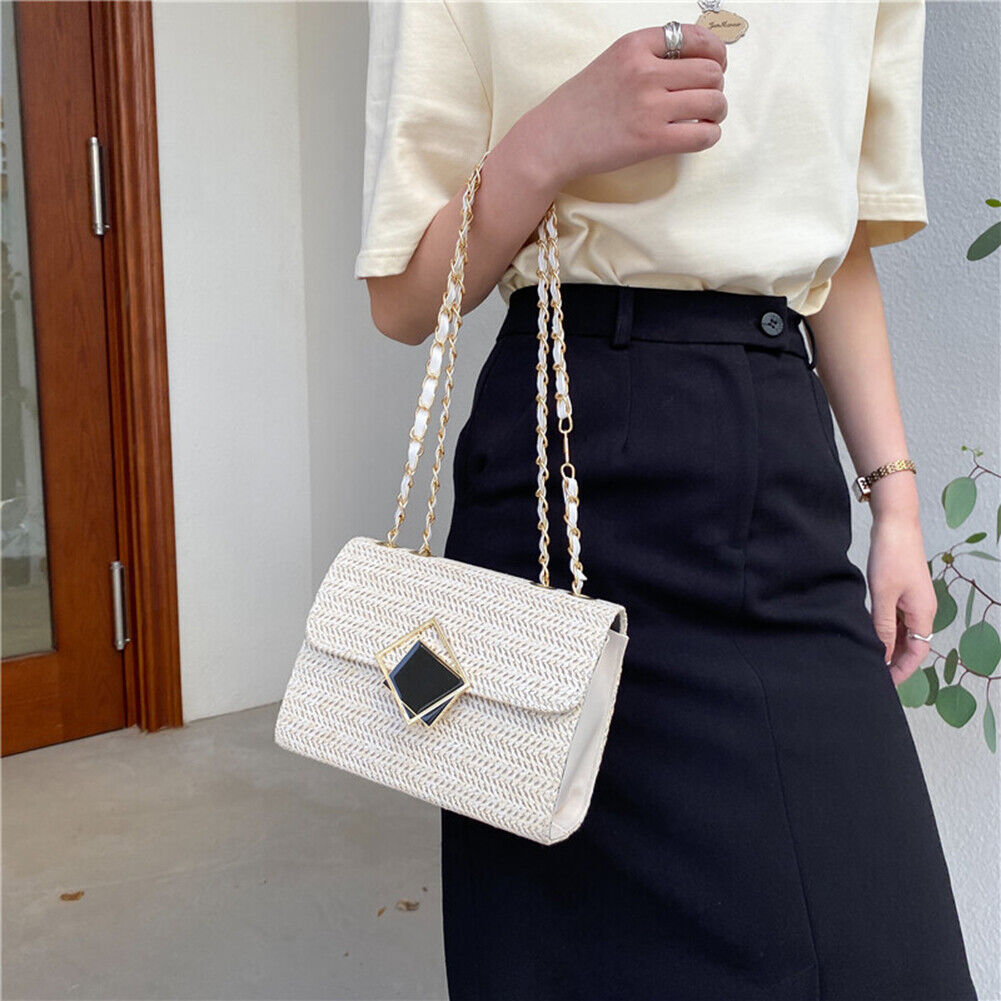 Fashion Women Woven Shoulder Underarm Bag Vacation Crossbody Bags (Beige)