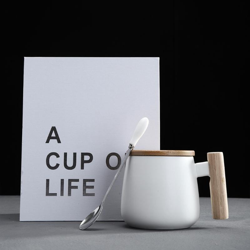 Wooden Handle Ceramic Mug Home Office Tea Milk Coffee Cup with Lid Spoon Teacup