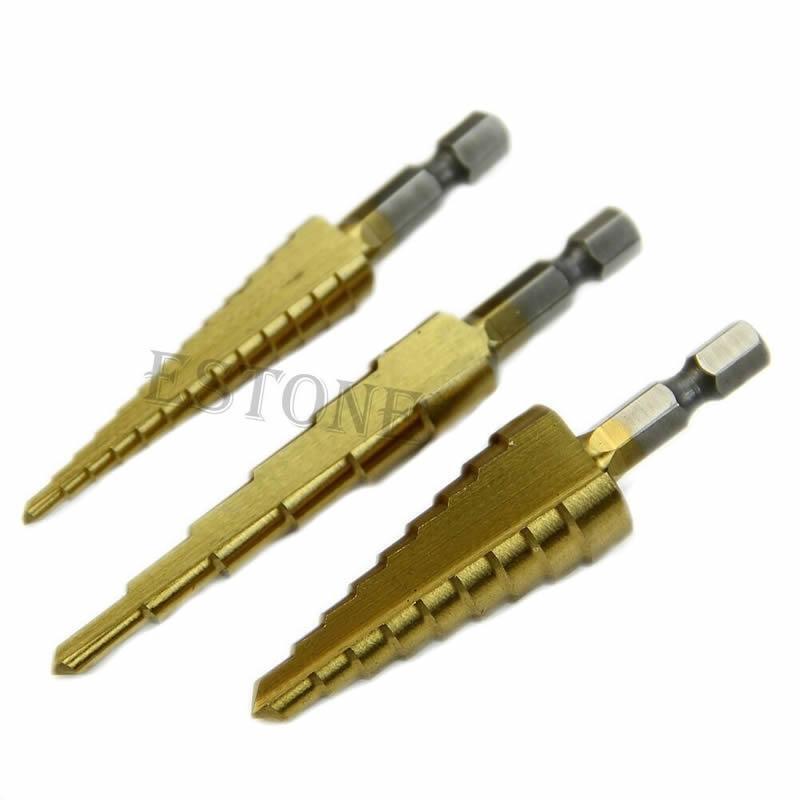 Portable 3Pcs Steel Titanium Coated Step Drill Bit Quick-change 1/4" Hex Shank