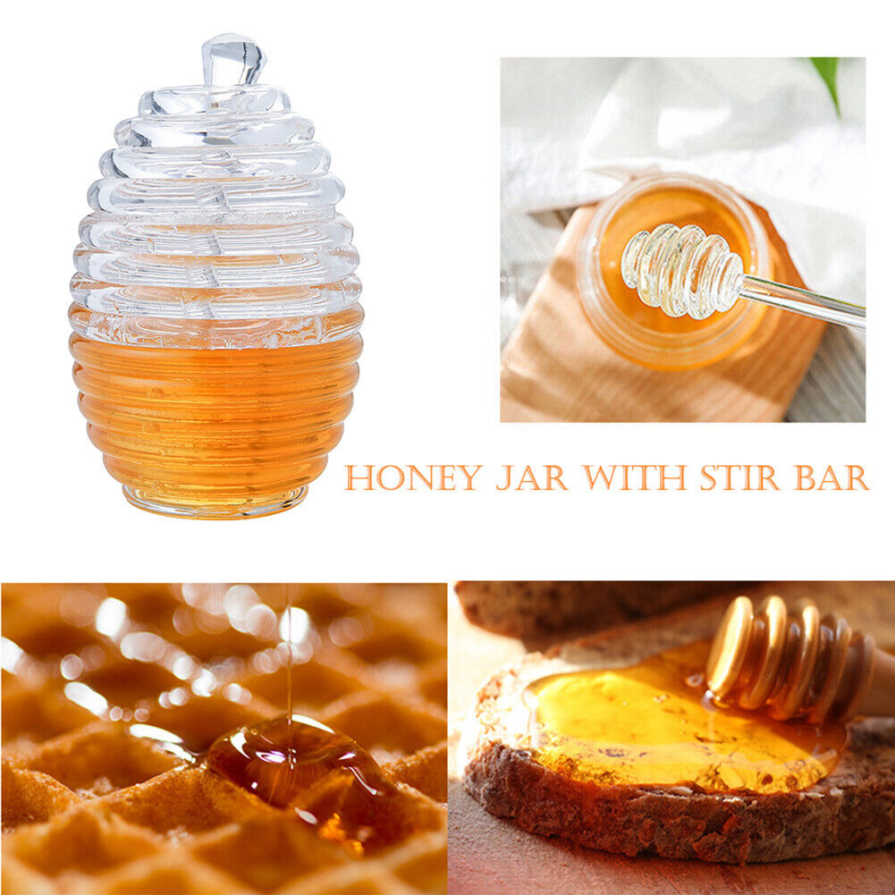 Bee Honey Jar with Stirring Rod Honey Juice Jam Jar Drizzler Dispenser Tool