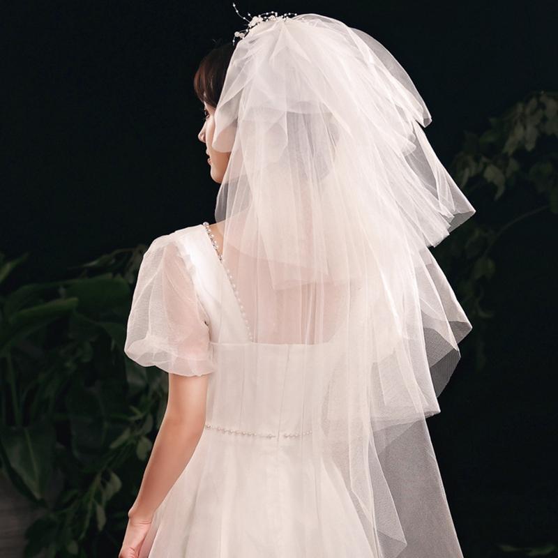 Wedding Bridal Veil Multi Layers Short Length Sheer Veils Beads Ribbon Bow Decor