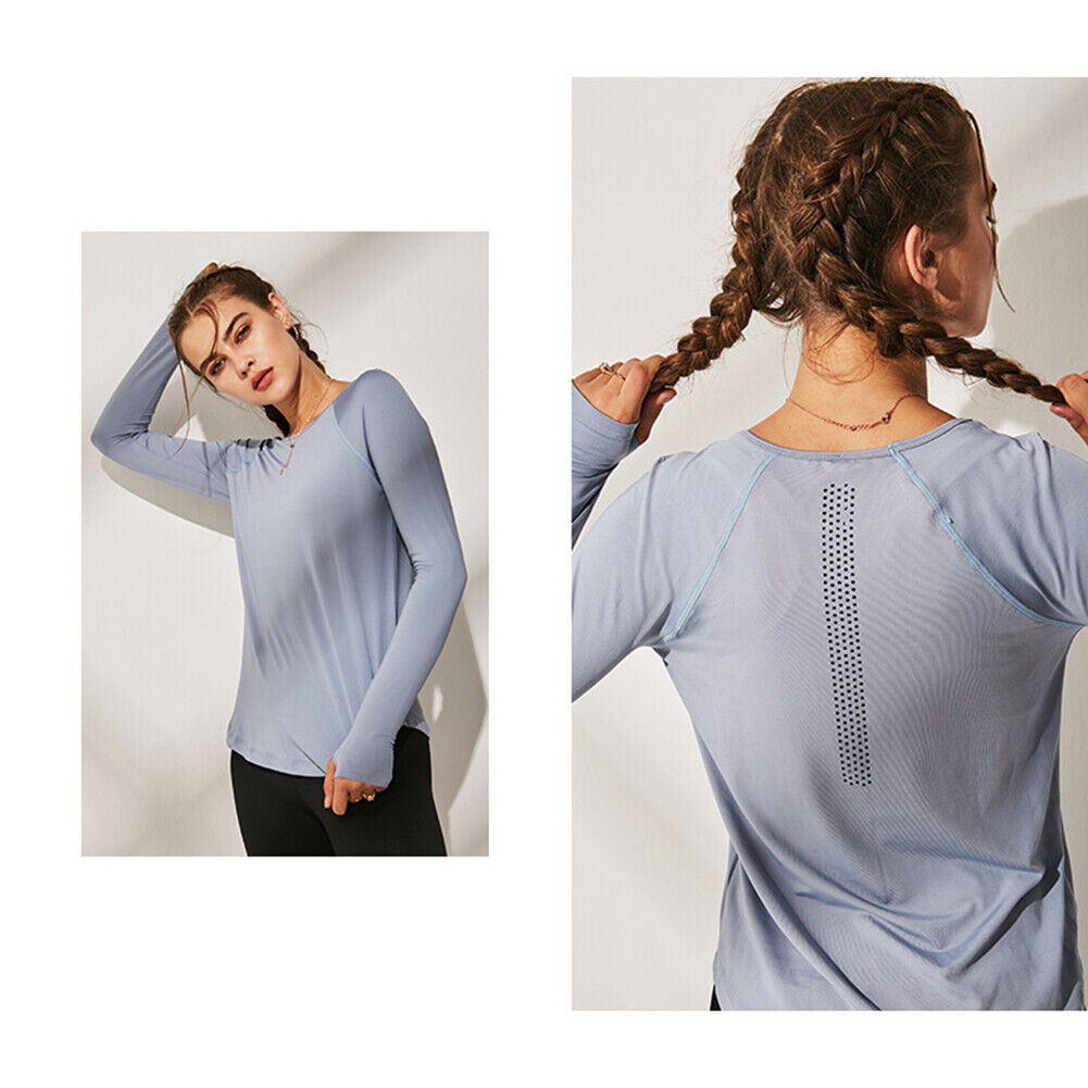 Women Gym Breathable Sportwear Fitness Gym Shirts Long Sleeve (L)(Blue)-270