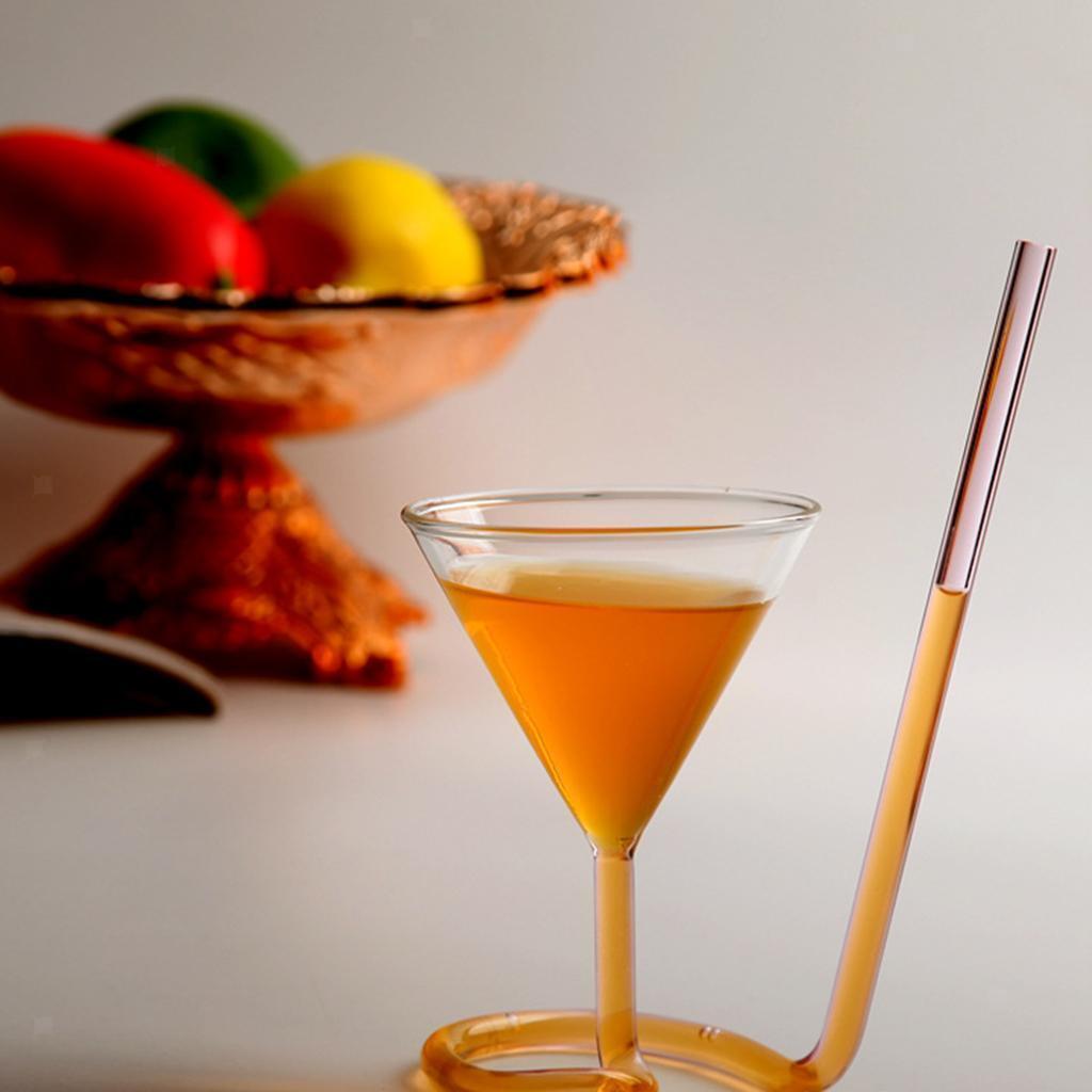 2pcs Creative Cocktail Glass with Long Straw Soft Drink Reusable Rotating Glass