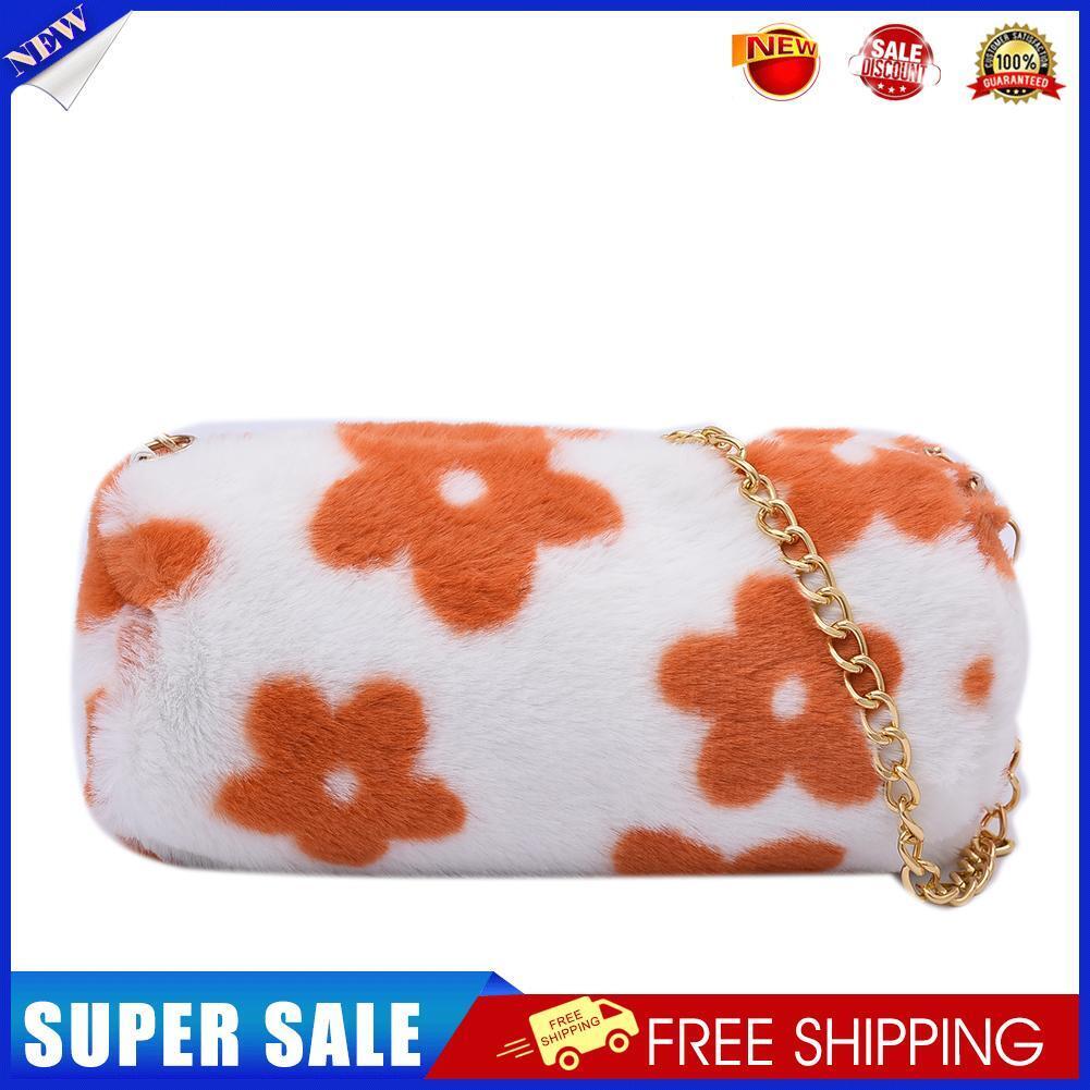 Cute Flower Cylinder Shoulder Bag Women Winter Chain Plush Purse (Orange)