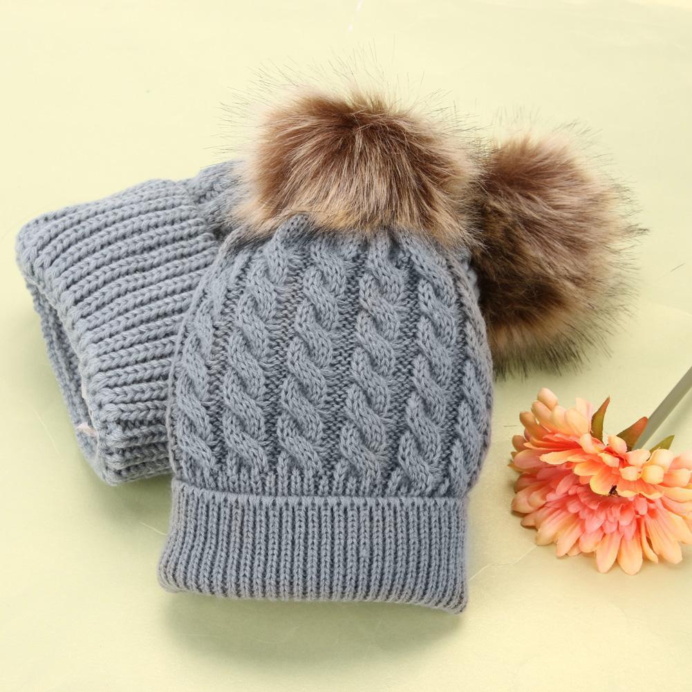 Mom Baby Kid Warm Raccoon Fur Bobble Beanie Cotton Knitted Parent-Child Hat