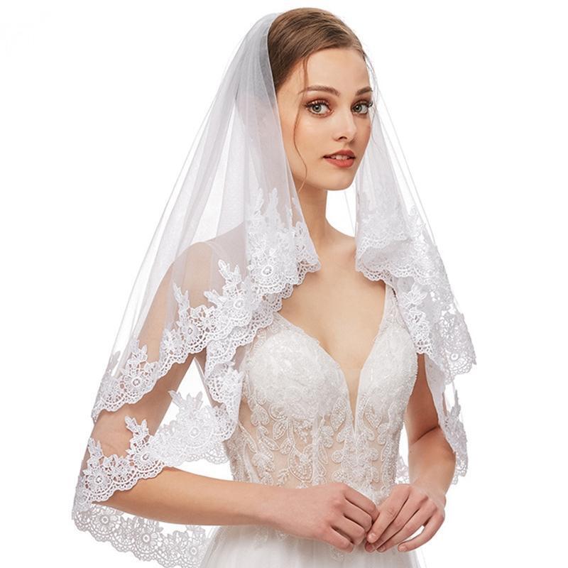 Bridal Veil with Comb 2 Tier Lace Applique Easy to Wear Elbow Length Sheer Tulle