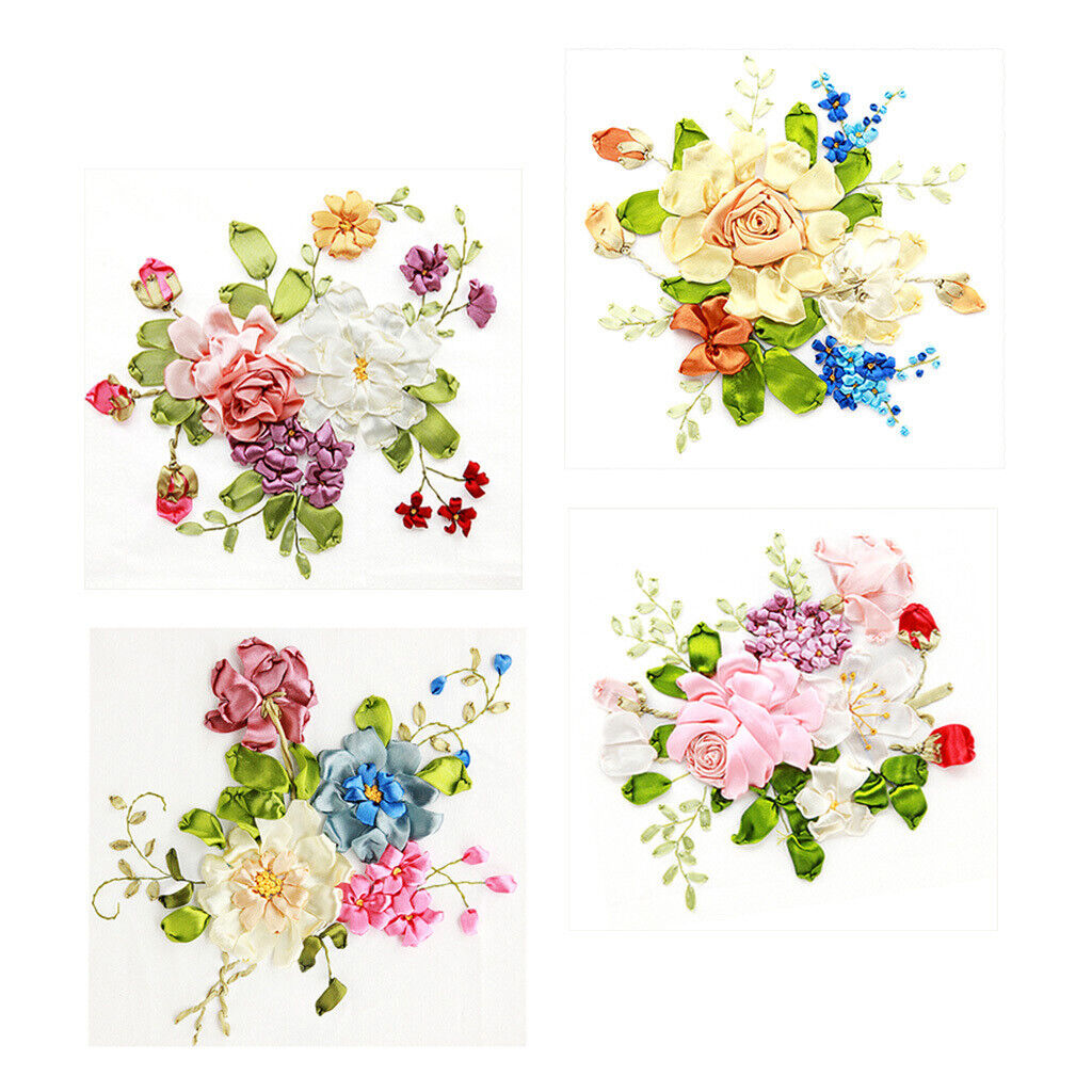 Set of 4 Ribbon Embroidery Kits DIY Flowers    Work