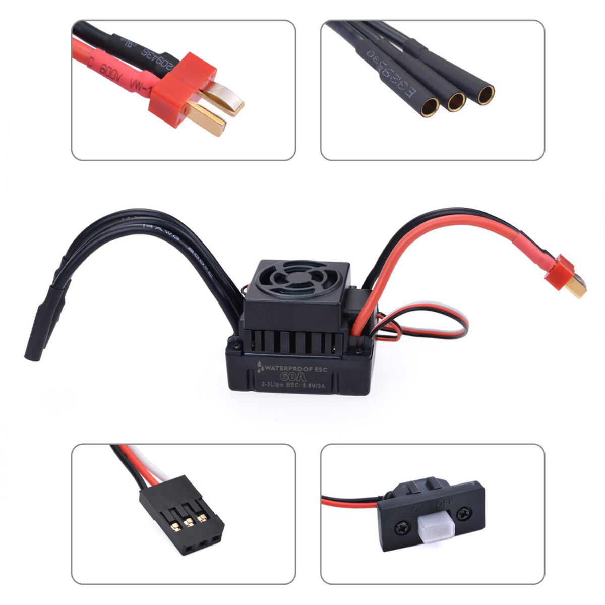 Waterproof 3650 3900KV Brushless Motor 60A ESC Combo for 1/10 RC Cars Black