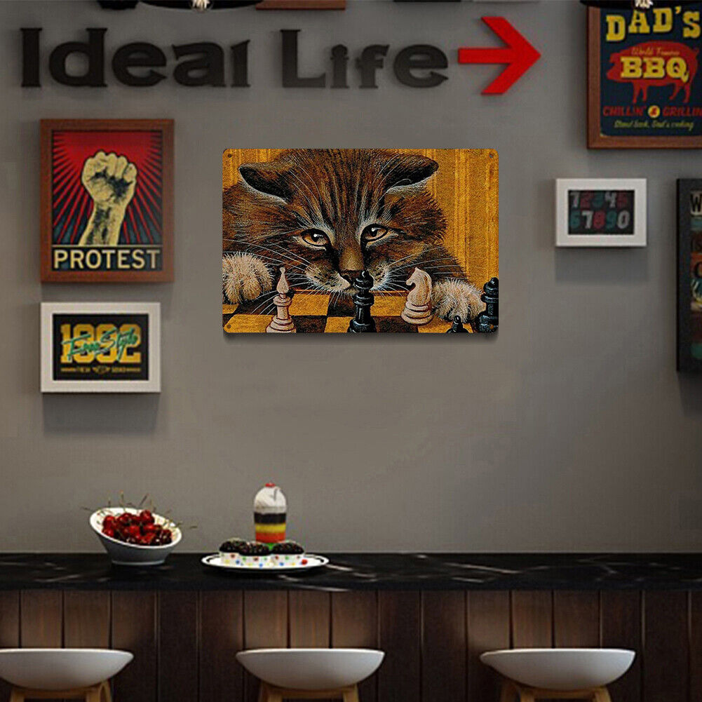 Playing Chess Cat Metal Plate Tin Sign for Bar Pub Club Cafe Wall Art Decor