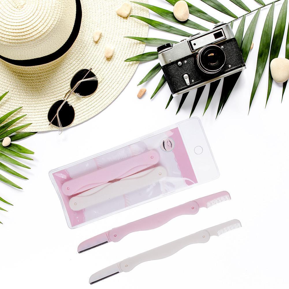 2pcs Folding Eyebrow Trimmer Eye Brow Makeup Shaver Brush Kit (Pink White)
