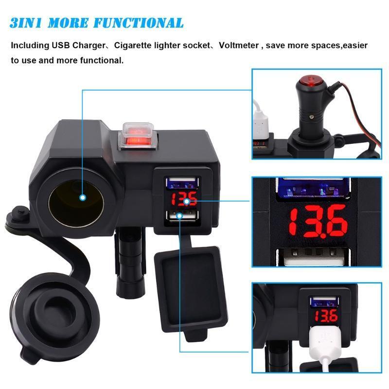 Waterproof Dual USB LED Voltmeter Cigarette Socket With Switch Car Motorcycle