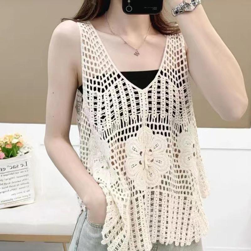 Women Crochet Sleeveless Tank Top V-Neck Hollow Knit Floral Beach Sweater Vest