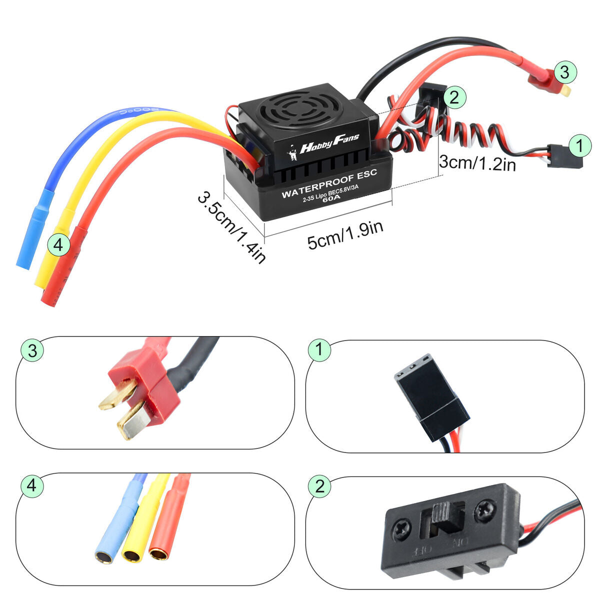 HOBBYFANS Waterproof 3650 4300KV Brushless Motor 60A ESC for 1/10 RC Car