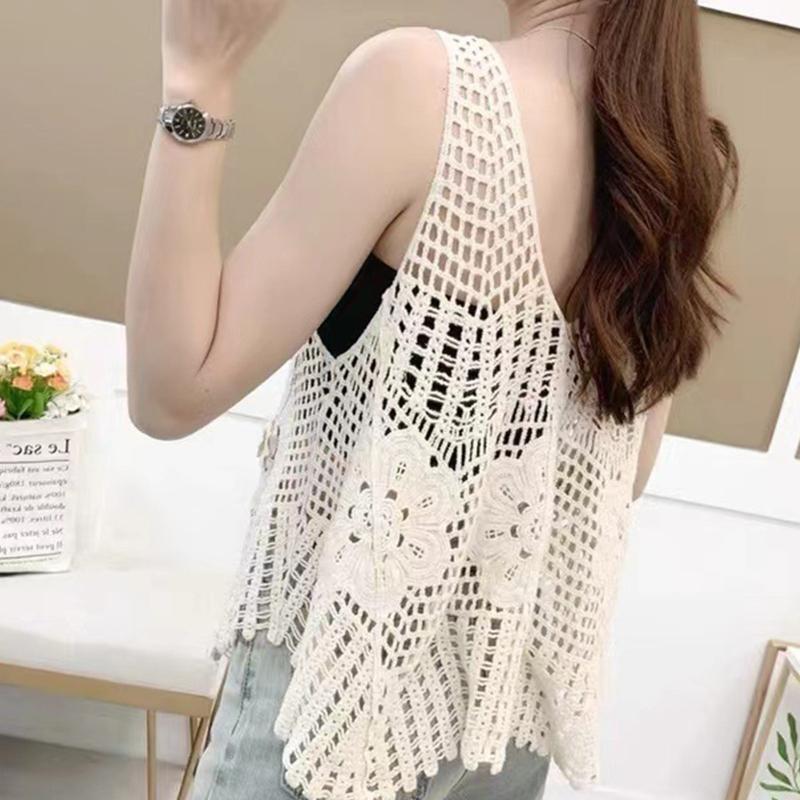 Women Crochet Sleeveless Tank Top V-Neck Hollow Knit Floral Beach Sweater Vest