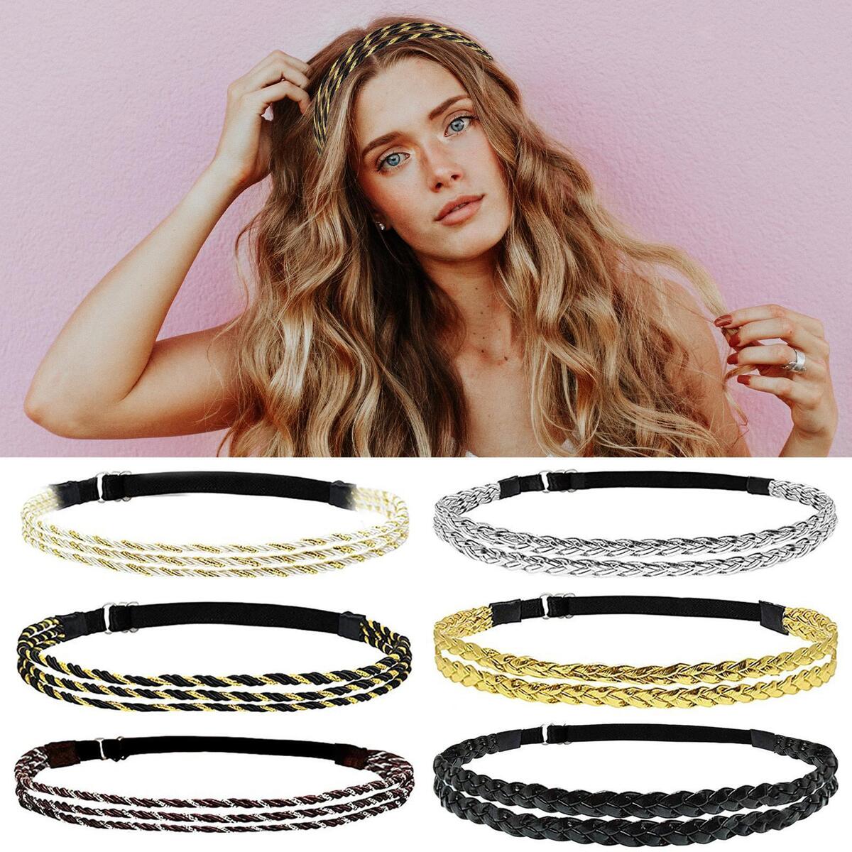 6x Braided Headbands Double Triple Strand Bohemian Style Plaited Boho Adjustable