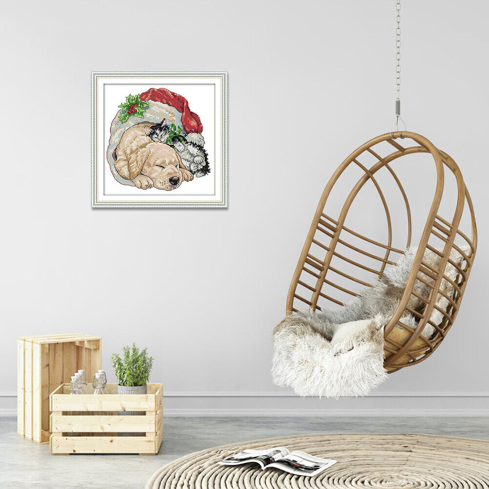 Xmas Dog Cat Cotton Thread 14CT Stamp Cross Stitch Kit Embroidery (DA121)