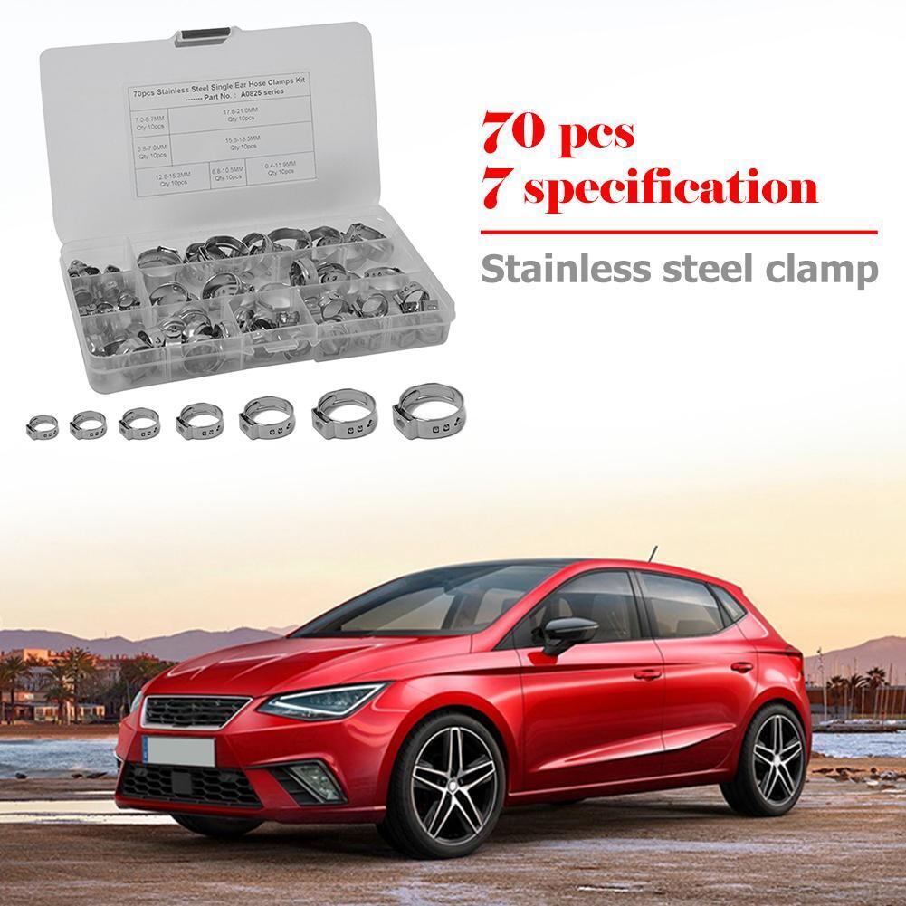 70pcs 7 Sizes Stainless Steel Single Ear Hose Clamps Fuel Air Pipe O Clips
