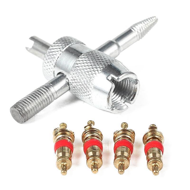 Car Bike 4 Way Tyre Valve Repair Standard Tire Remover Tool + 4 Stem Cores Kit